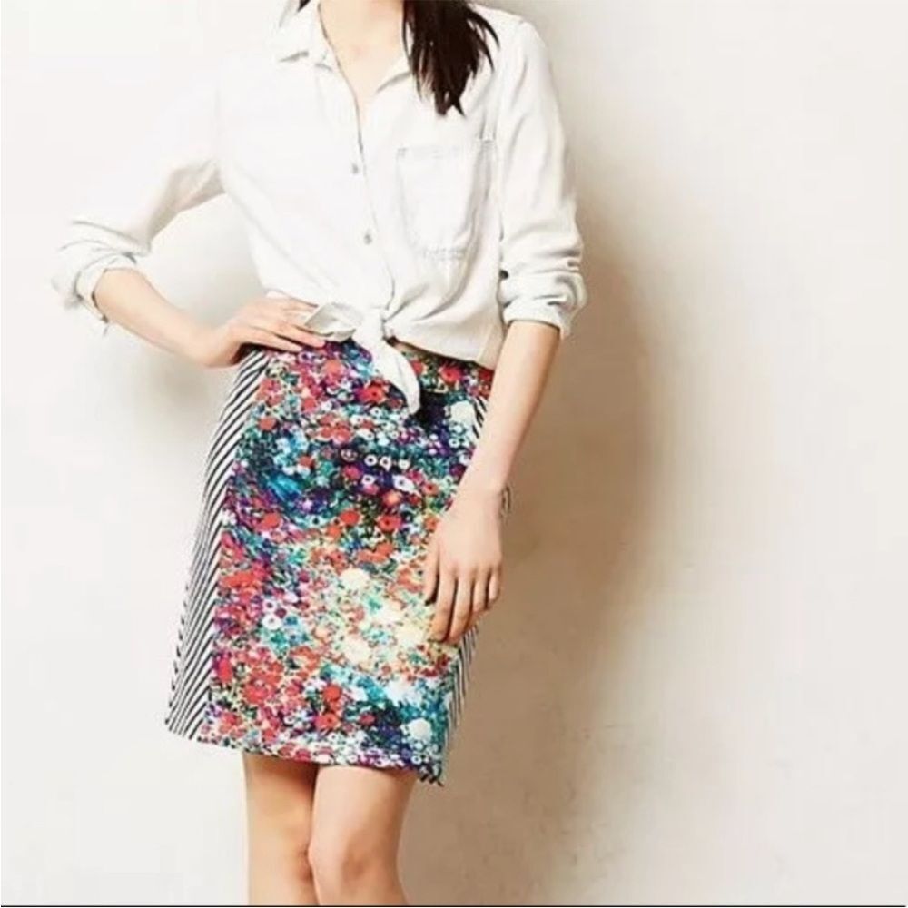 Anthropologie Tabitha Floral Watercolor Striped Pencil Skirt